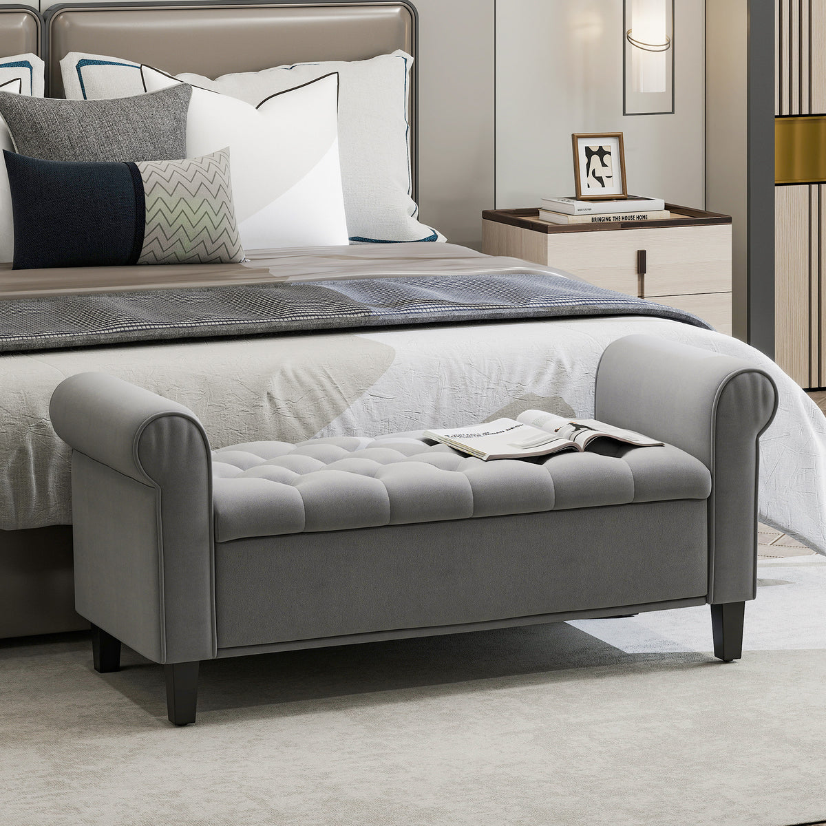 Banc de rangement bout de lit avec accoudoirs, tissu effet velours rembourré et capitonné, 126 x 48,5 x 57 cm, gris-1