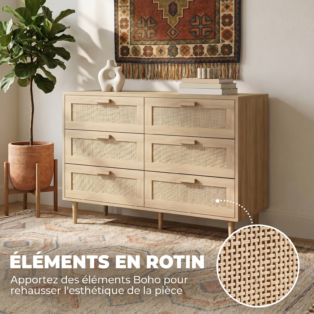 Commode 6 tiroirs meuble de rangement avec tissage en rotin dim. 110L x 40l x 75H cm Aspect Bois Clair-4