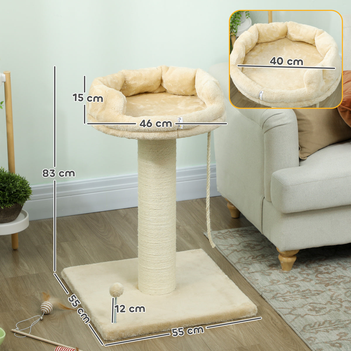 Arbre à chat grattoir design jeu boule et cordelette suspendue+ plateforme peluche - 55 x 55 x 83 cm - sisal beige-2