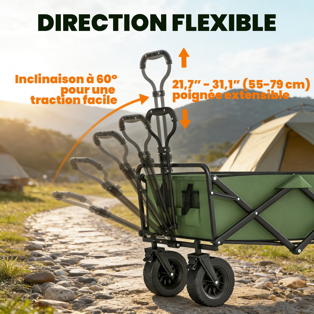 Chariot de Jardin Pliable 130L avec Roues, Remorque Robuste avec Freins, Poignée Réglable, vert-6