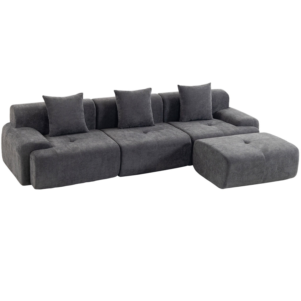 Canapé d'Angle Modulable 3 Places avec Pouf en Chenille, Canapé Compressé 300 cm avec Assise Profonde, 3 Coussins, Gris-0