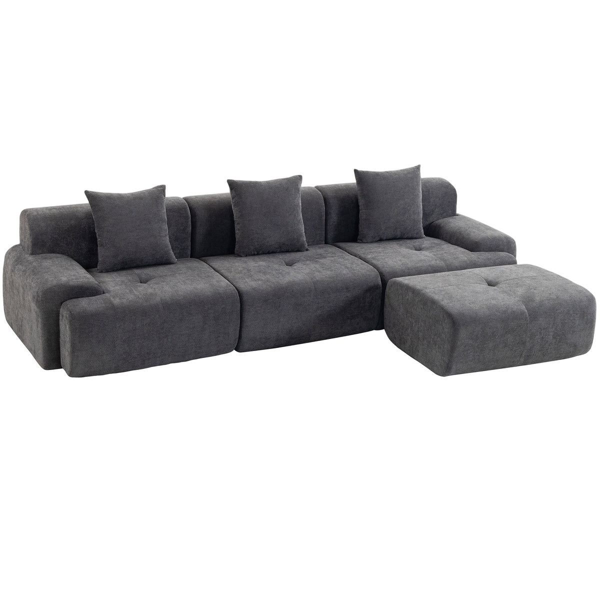 Canapé d'Angle Modulable 3 Places avec Pouf en Chenille, Canapé Compressé 300 cm avec Assise Profonde, 3 Coussins, Gris-0
