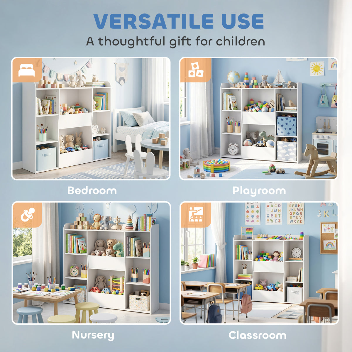 Meuble rangement enfant, bibliothèque enfants avec 8 compartiments et étagère supérieure, 104 x 29 x 101,5 cm, blanc-7