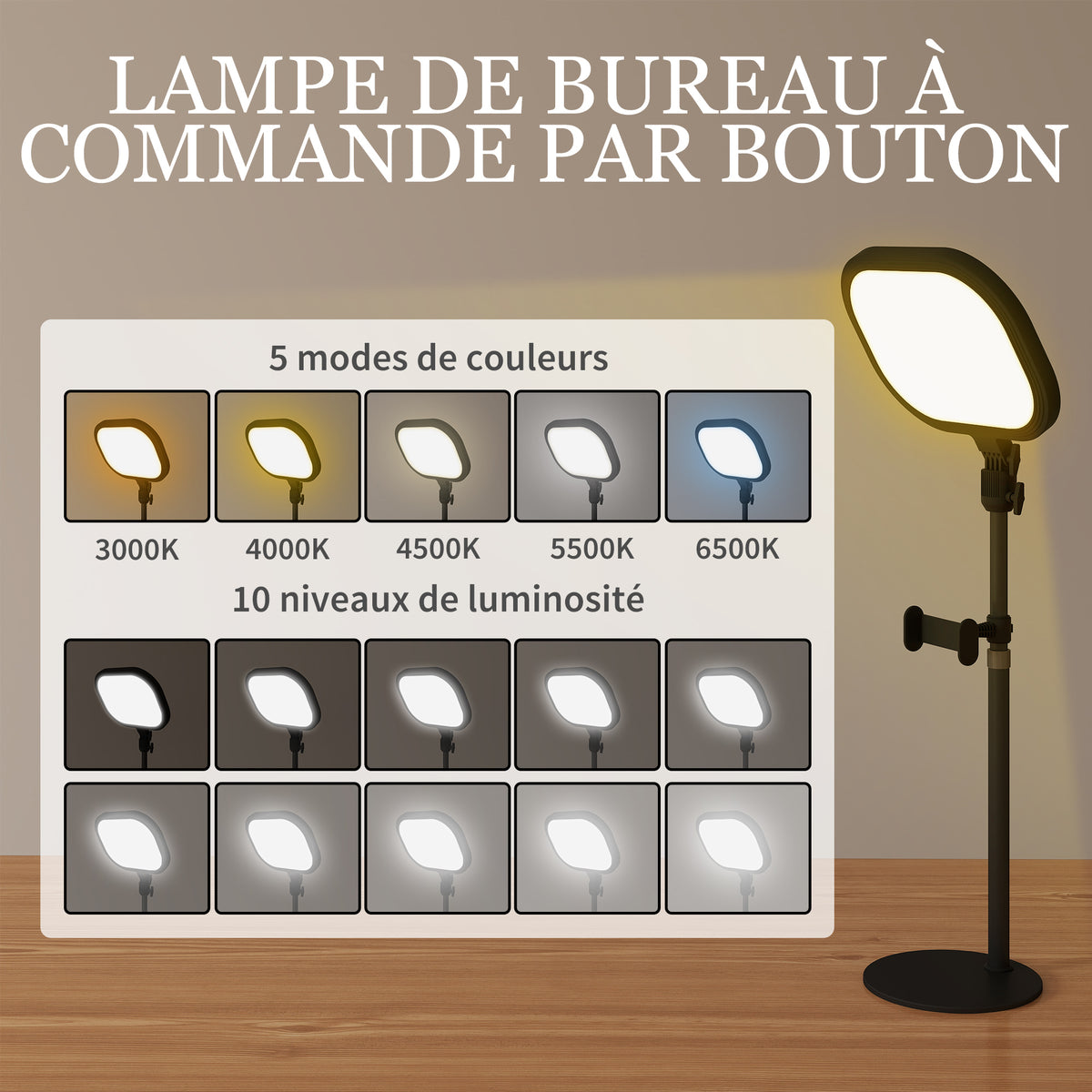 Lampe de bureau LED dimmable 5 modes de couleur 10 niveaux de luminosité port USB minuterie support pour téléphone noir-4