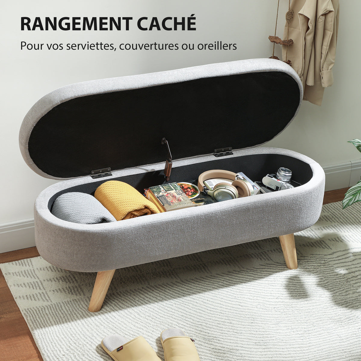 Banc banquette bout de lit coffre de rangement 2 en 1 en tissu avec pieds en bois 110l x 40P x 43H cm gris clair-3