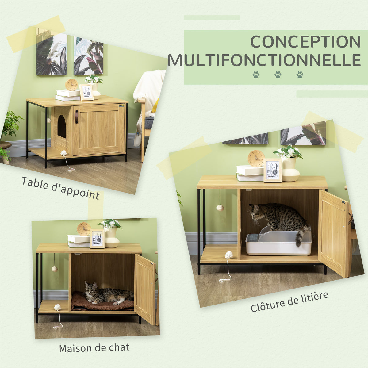 Maison de toilette pour chat style industriel porte entrée latérale boule suspendue châssis acier aspect bois clair-3