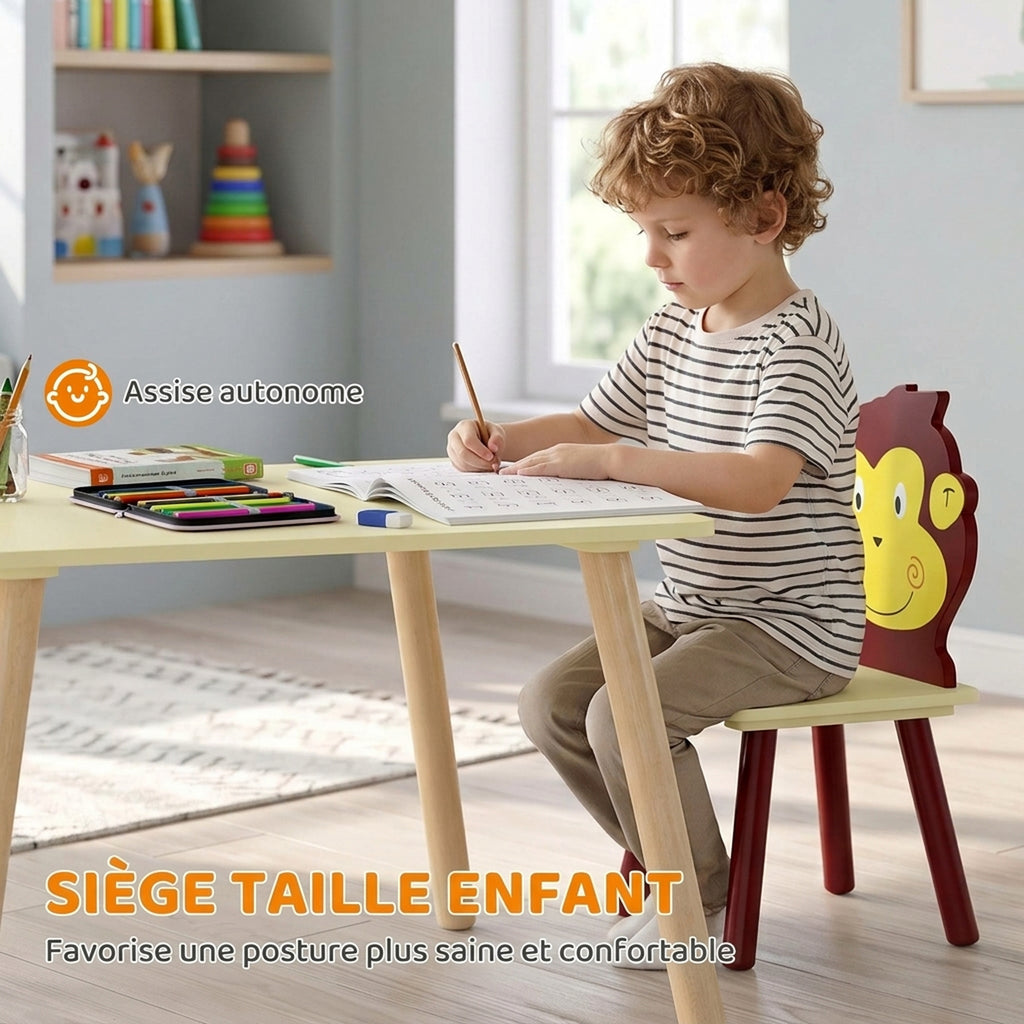 Ensembl Table pour Enfant avec 4 Chaises 5 Pièces en Bois, Dossier en Forme Animale, Coins Arrondis, 3-8 Ans, Jaune-5