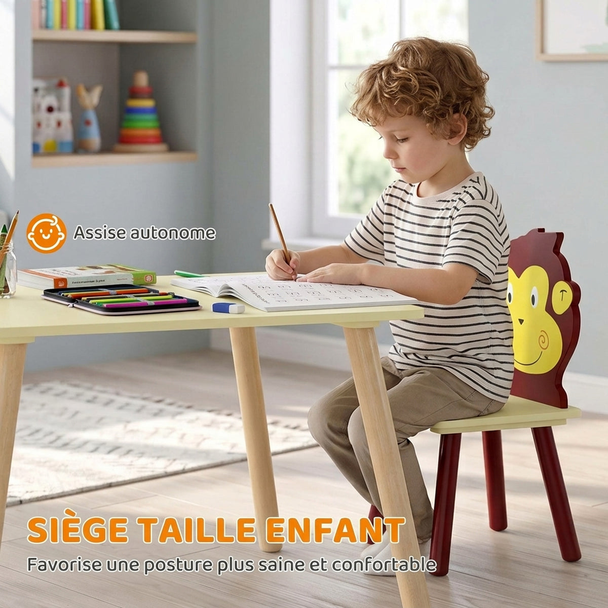 Ensembl Table pour Enfant avec 4 Chaises 5 Pièces en Bois, Dossier en Forme Animale, Coins Arrondis, 3-8 Ans, Jaune-5