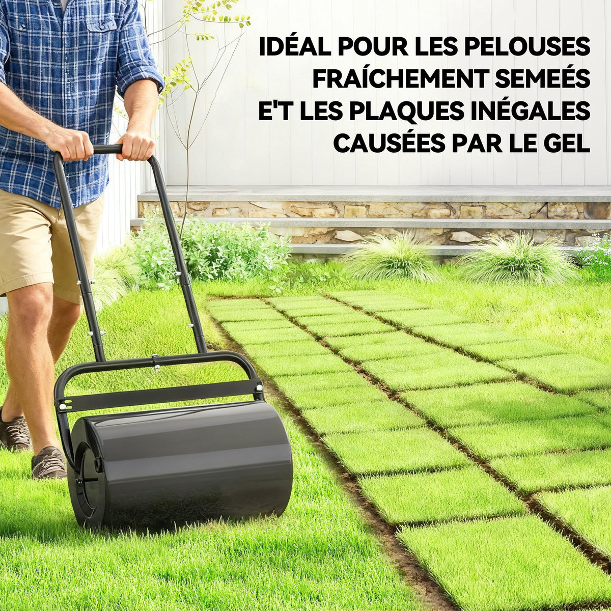 Rouleau à gazon rouleau de jardin 50 cm, remplissage sable eau, poignée ergonomique, 58 x 32,5 x 113 cm, noir-4