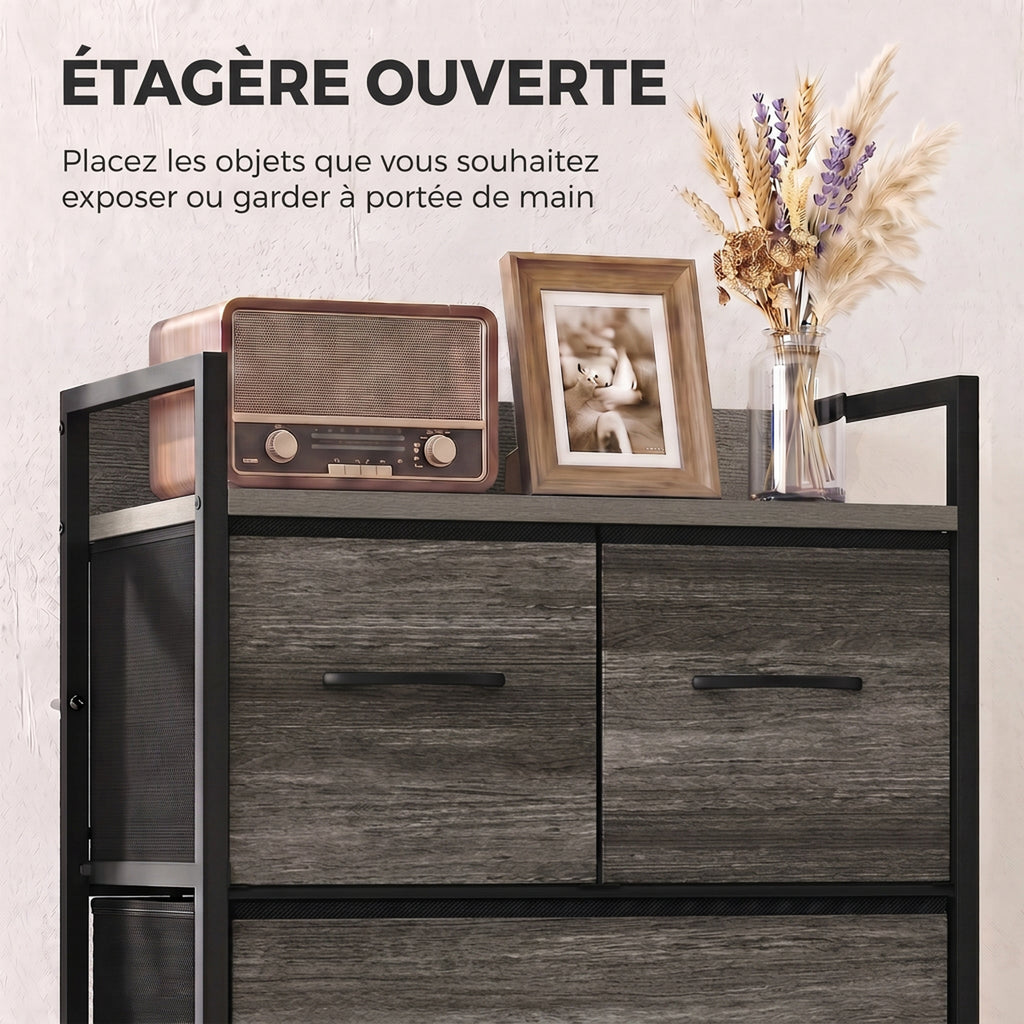 Meuble de Rangement Style Industriel, Commode 4 Tiroirs en Tissu Pliables et Amovibles et 1 Étagère, 50x29x85cm, Gris-4