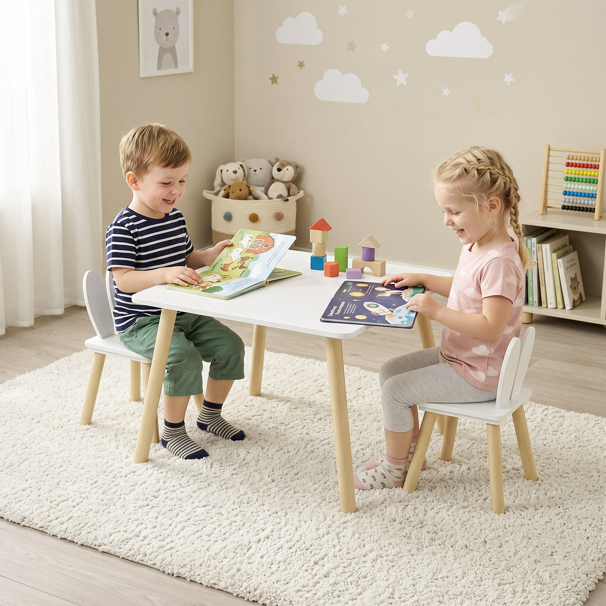Ensemble table et 2 chaises enfant design scandinave motif oreille de lapin bois pin blanc-9