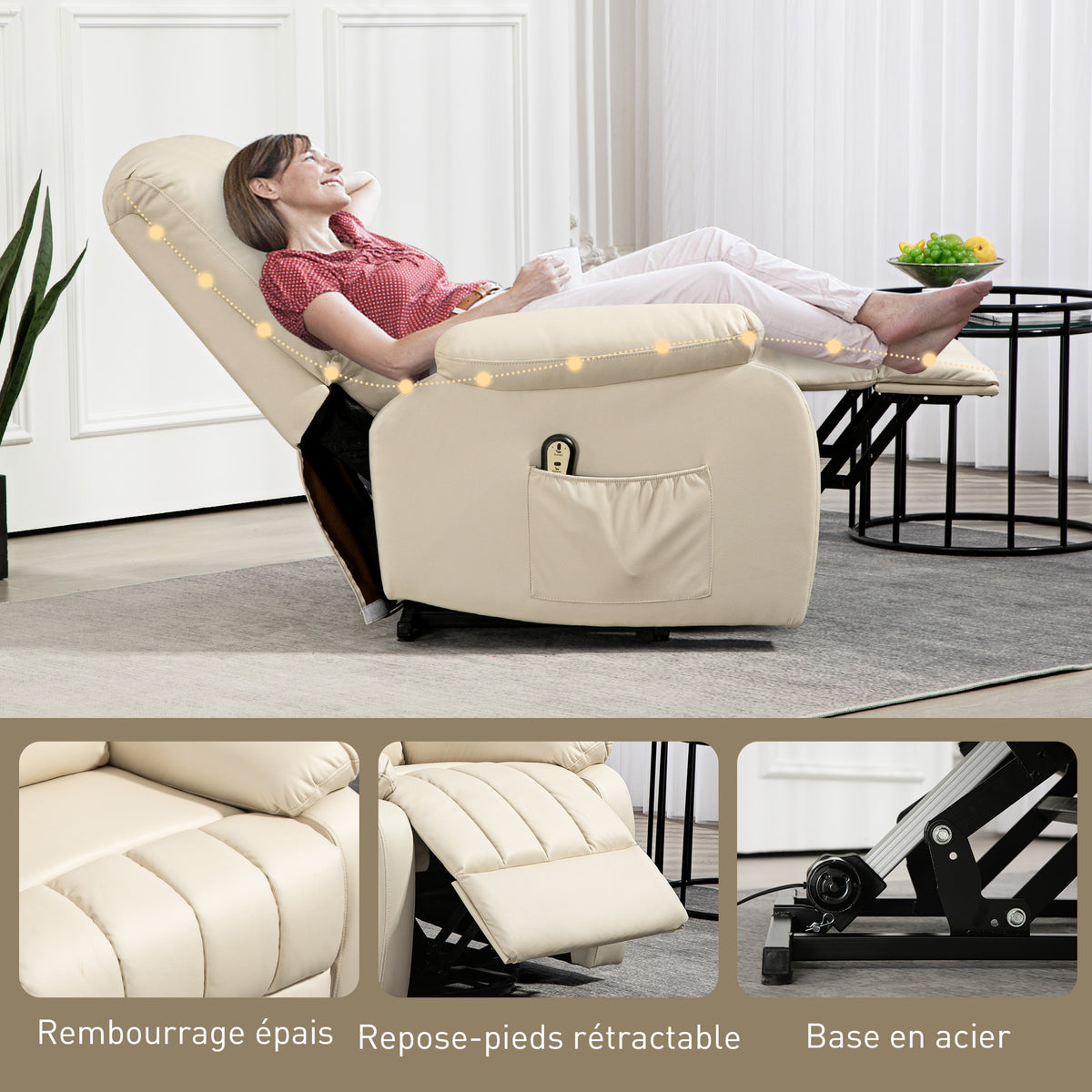 Fauteuil relax inclinable électrique releveur avec repose-pied et télécommande 86 x 92 x 102 cm Beige-6