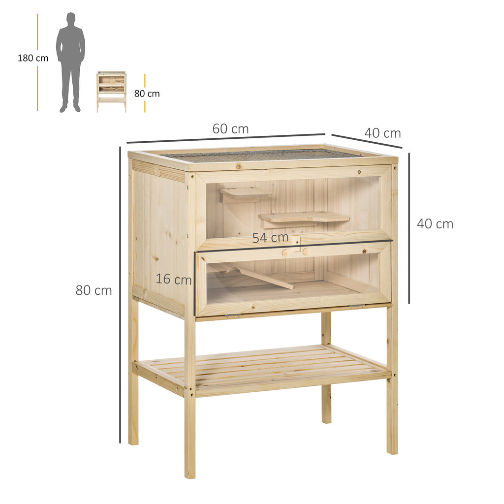 Cage Hamster en Bois à 3 Niveaux avec Plateformes, Échelles, Étagère, Fenêtre, Toit Ouvrable, 60x40x80cm, Naturel-2