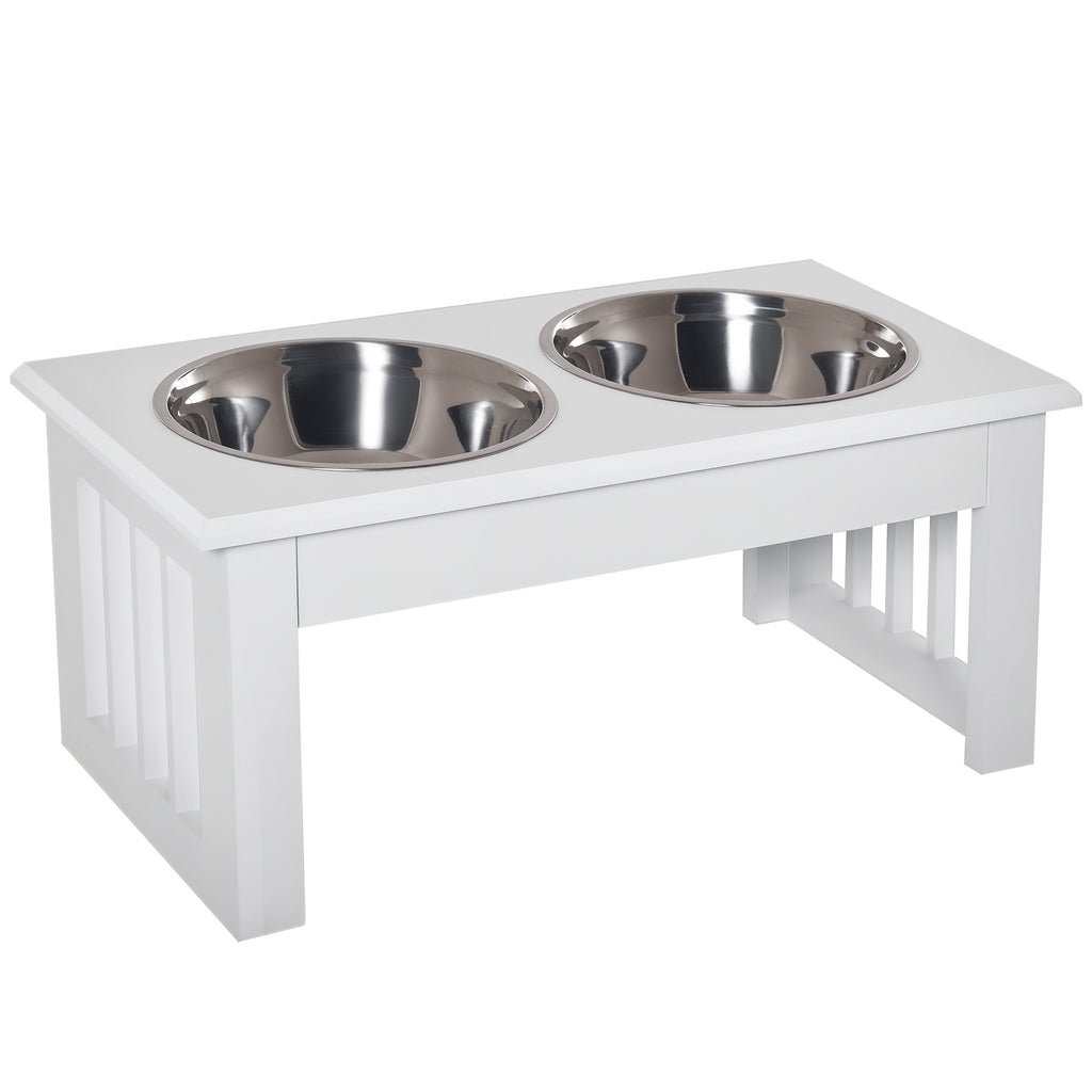 Gamelles chiens surélevées gamelle double chien chat Porte-gamelles surélevé dim. 44L x 24l x 15H cm 2 gamelles 0,9L acier inox. incluses bois blanc-0