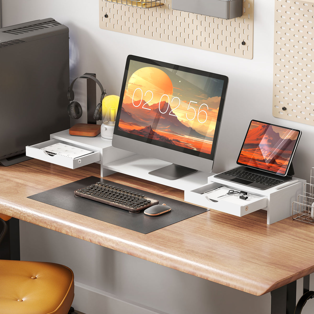 Rehausseur écran PC bureau support d'écran d'ordinateur de 60-116 cm avec 2 tiroirs, longueur et angle réglables-9