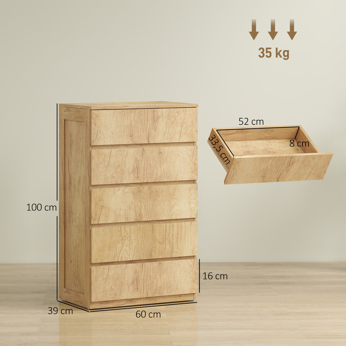 Commode 5 tiroirs meuble de rangement sans poignées design minimaliste 60 x 39 x 100 cm bois naturel-2