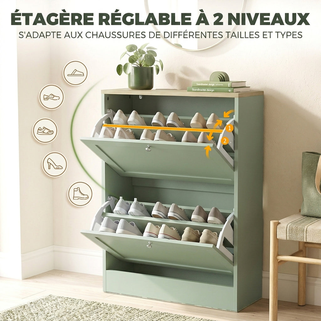 Meuble à Chaussures 12 Paires, Armoire à Chaussures Étroite avec 2 Tiroirs, Étagères Réglables, 60 x 23,5 x 80 cm, Vert-6