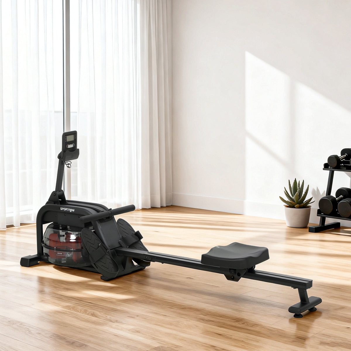 Rameur à eau, rameur musculation d'appartement réservoir ajustable 6-11L écran LCD support de tablette 170x46x77cm noir-9