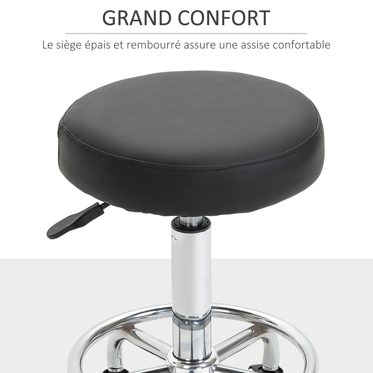 Tabouret à roulettes, tabouret de massage avec hauteur réglable 50-64 cm et assise rembourré, pivotant 360°, noir-4