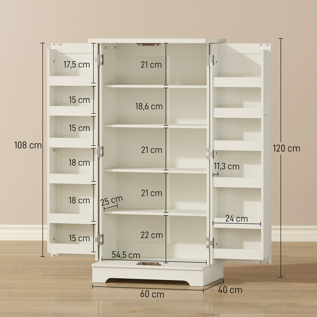 Buffet cuisine armoire de cuisine 5 niveaux avec portes et étagères réglables 60l x 40P x 120H cm grain de bois crème-2
