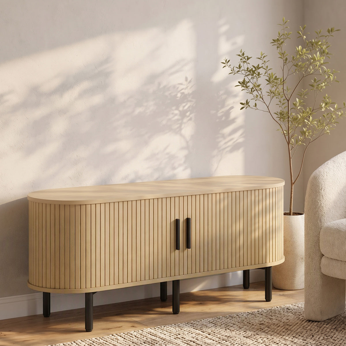 Meuble TV 106 cm, Meuble Télé pour 50 Pouces, 2 Portes Coulissantes à Tambour 4 Compartiments Étagères Réglables, Chêne-1