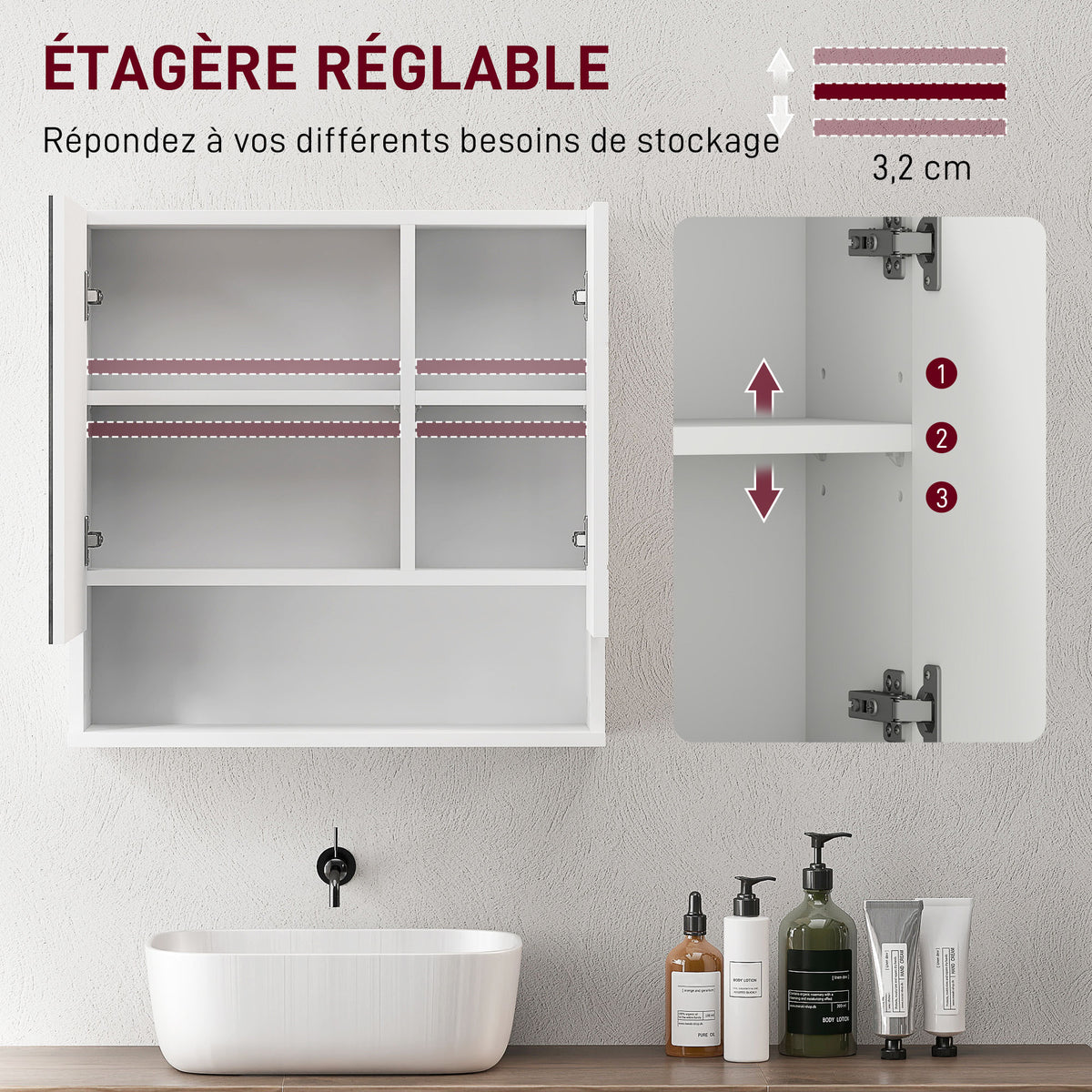 Armoire murale miroir de salle de bain placard de rangement 2 portes 55 x 17 x 55 cm blanc-4
