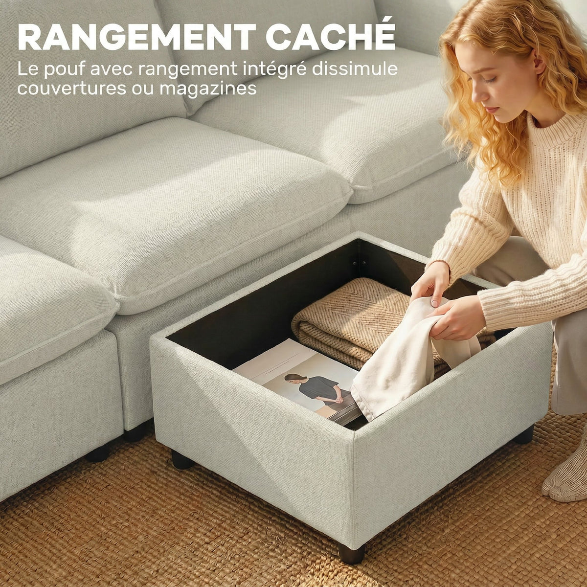 Canapé 3 places avec pouf de rangement, canapé d'angle modulable 212 cm, coussins à ressorts, tissu en lin, crème-5