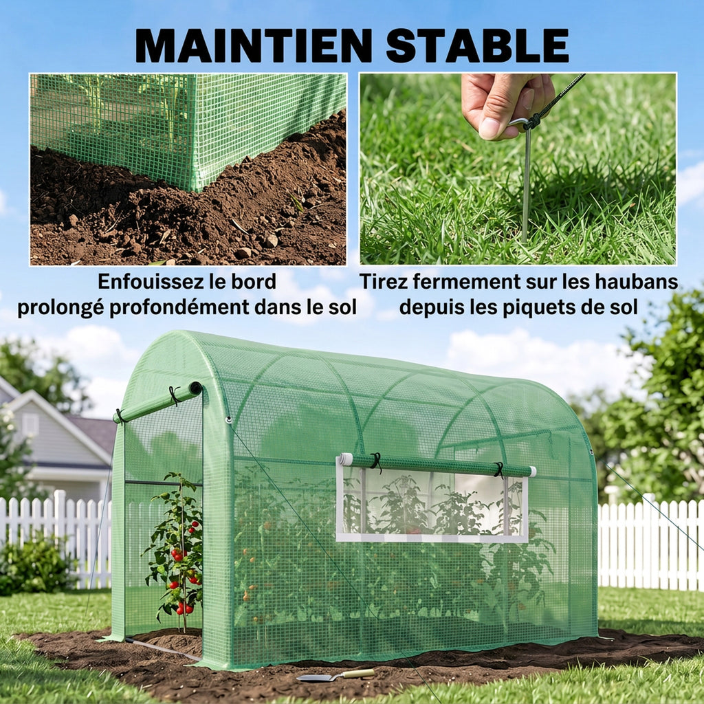 Serre de jardin serre tunnel de jardin 6m² PE Haute densité 135 g/m², avec 2 portes zippées 300 x 200 x 200 cm, vert-6