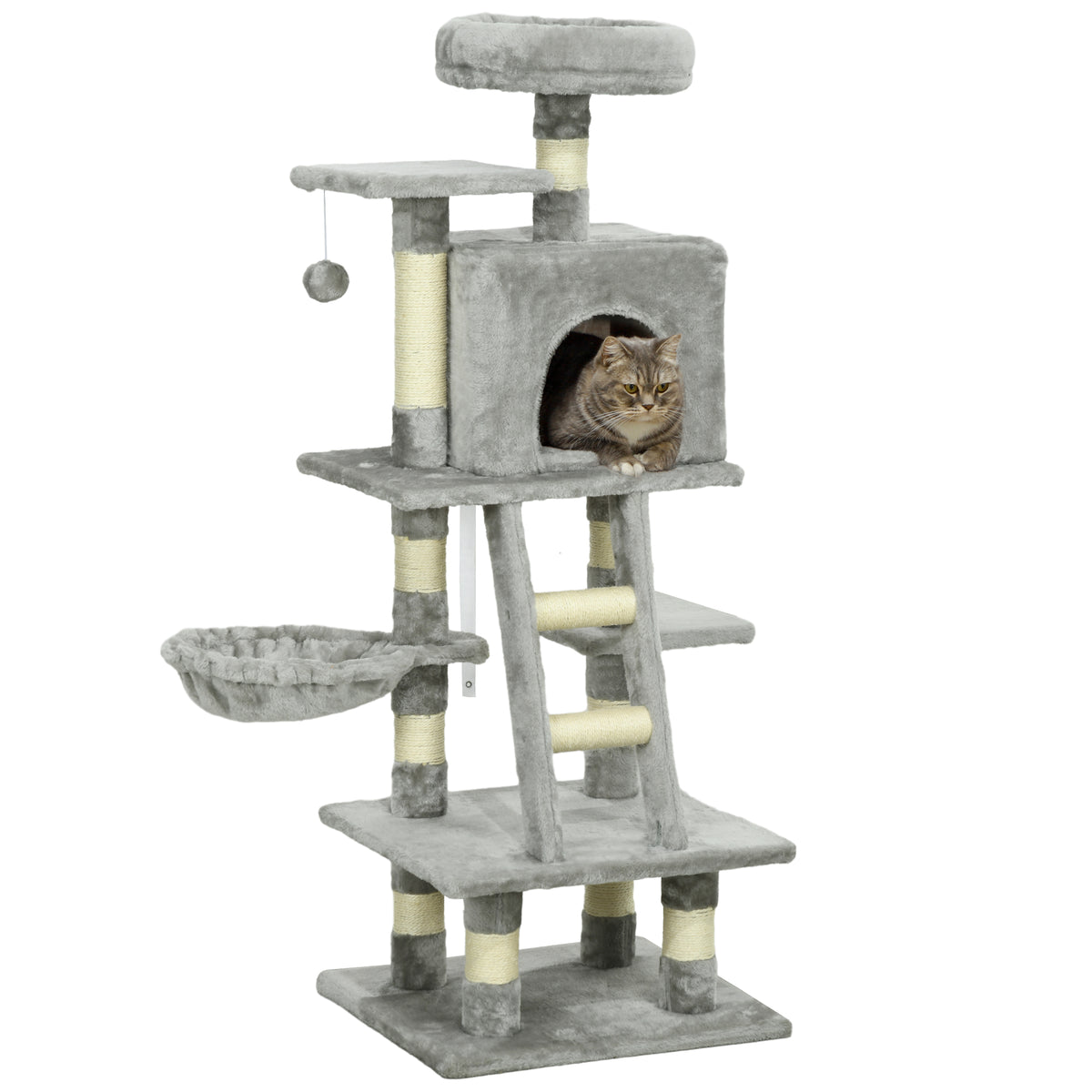 Arbre à chats multi-équipements griffoirs grattoirs niches plate-formes + échelle + hamac+ boule suspendue gris-9