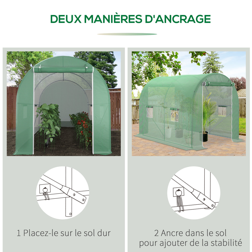 Serre de Jardin Tunnel Surface Sol 6 m² 3L x 2l x 2,10H m châssis Tubulaire renforcé Porte zippée 4 fenêtres enroulables cadre en métal Vert-5