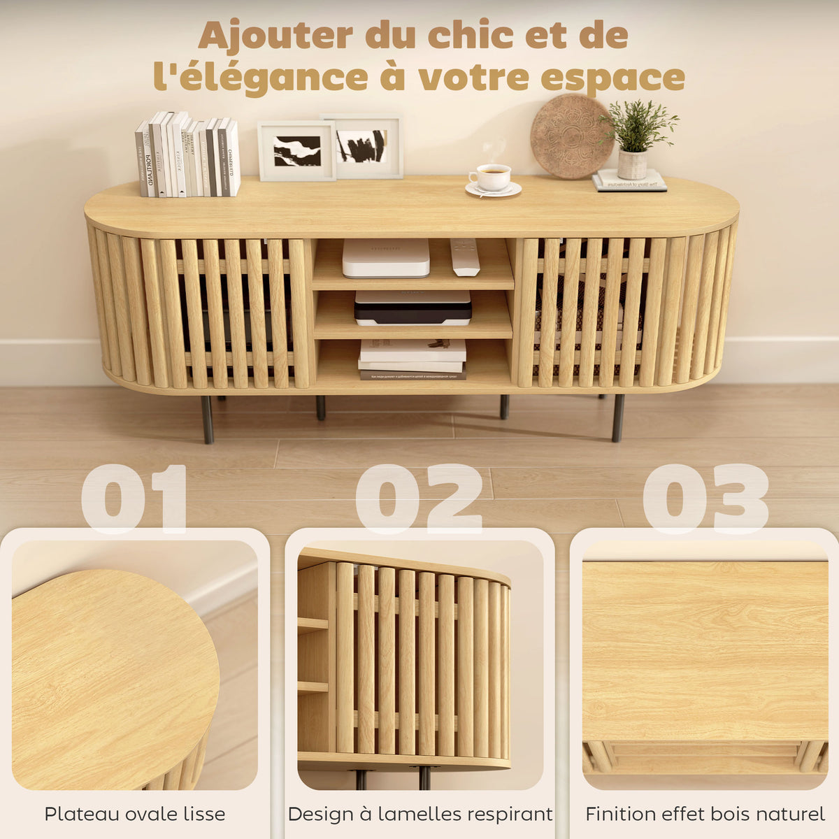 Meuble TV, meuble télé pour téléviseur 60 pouces, 2 portes à lattes, 140x40x52cm, bois naturel-4