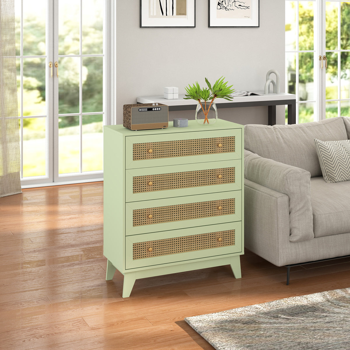 Commode 4 tiroirs meuble de rangement cannage en rotin aspect bois clair 80 x 35 x 95 cm vert-6