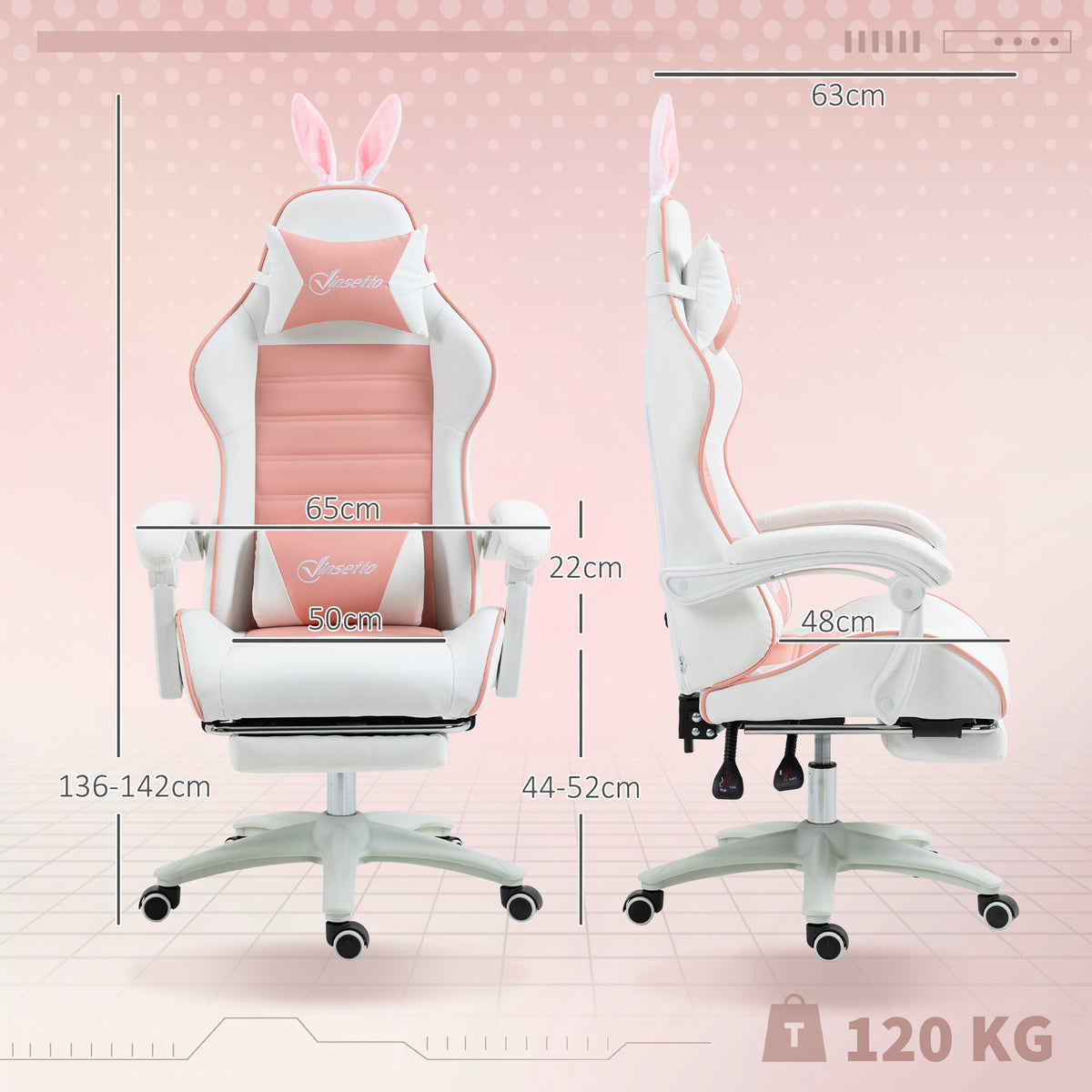 Chaise de gaming avec support lombaire, hauteur réglable, dossier inclinable, oreilles de lapin et appui-tête, rose-2