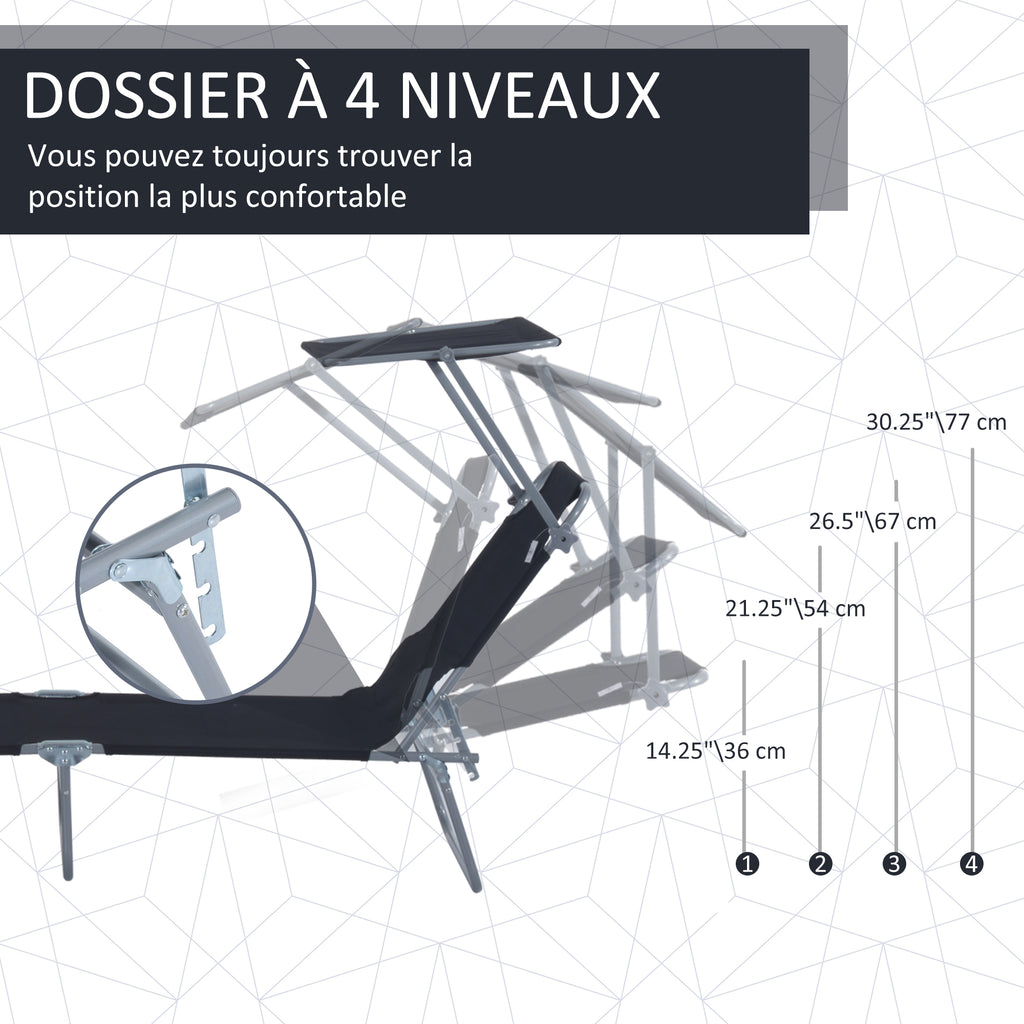 Lot de 2 transats Bain de Soleil Pliable Chaise Longue Pliante Grand Confort Dossier Inclinable Pare-Soleil réglable-3
