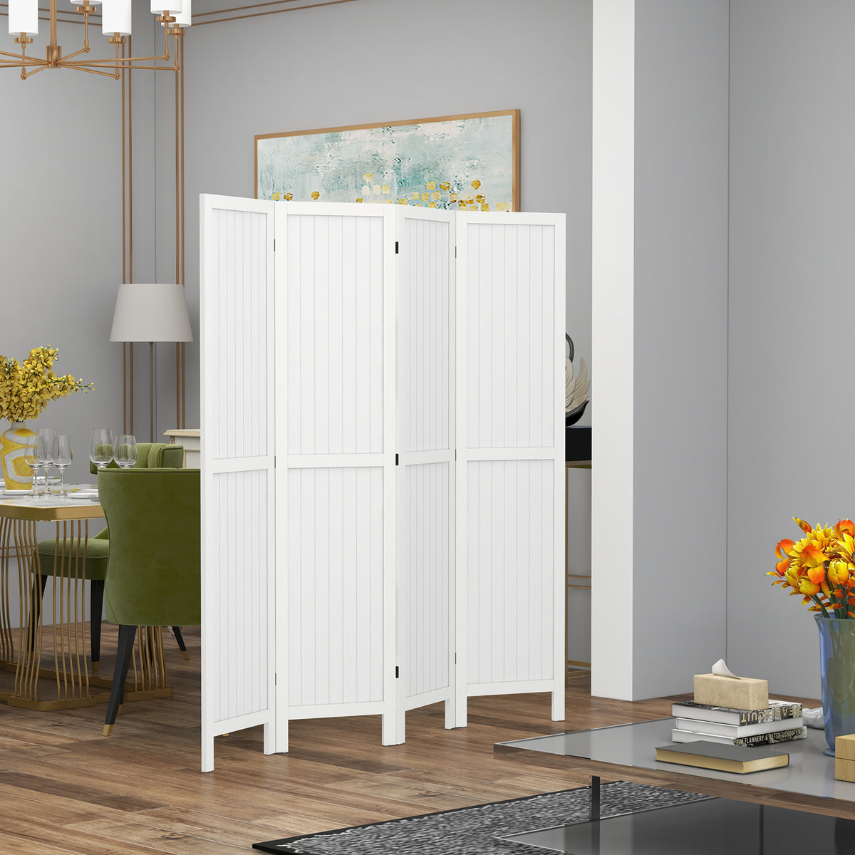 Paravent en bois séparateur de pièce closion intérieur pliable 4 panneaux en bois 160 x 170 cm blanc-1