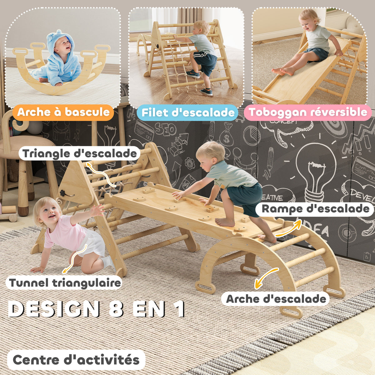 Triangle d'escalade enfants 8 en 1 avec rampe double face, arc d'escalade en bois avec toboggan & échelle, naturel-3