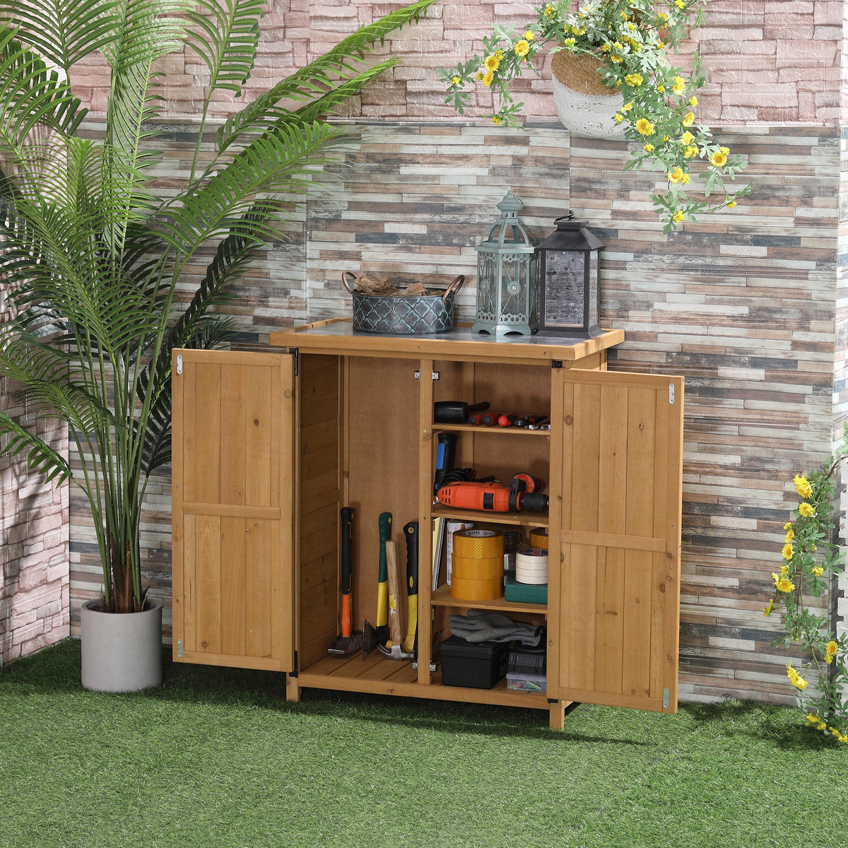 Abri de jardin armoire de jardin 3 étagères 2 portes toit en tôle galvanisé étanche bois sapin 75 x 40 x 90 cm jaune-9