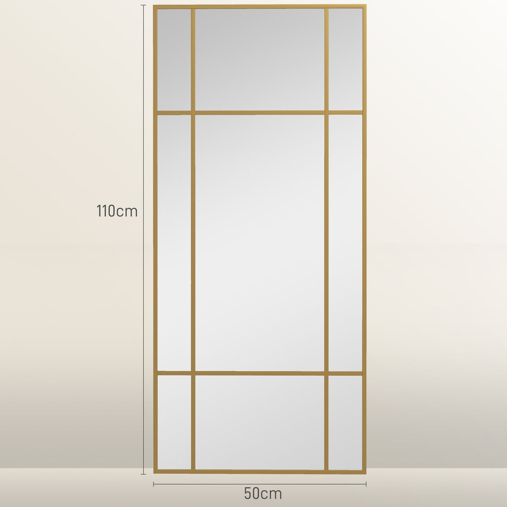 Miroir mural verrière rectangulaire style fenêtre, horizontal ou vertical avec 4 crochets, en métal doré - 110x50 cm-2