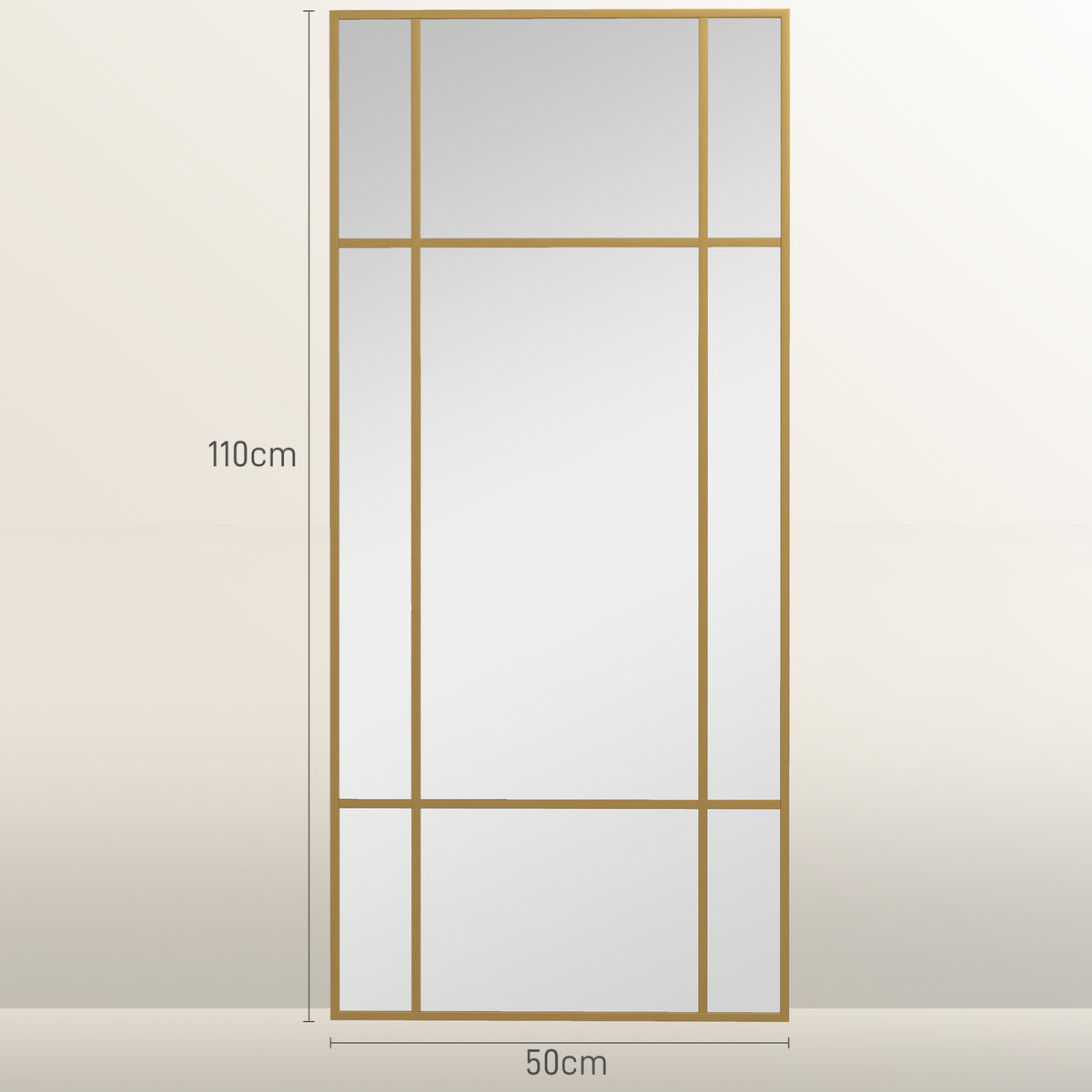 Miroir mural verrière rectangulaire style fenêtre, horizontal ou vertical avec 4 crochets, en métal doré - 110x50 cm-2