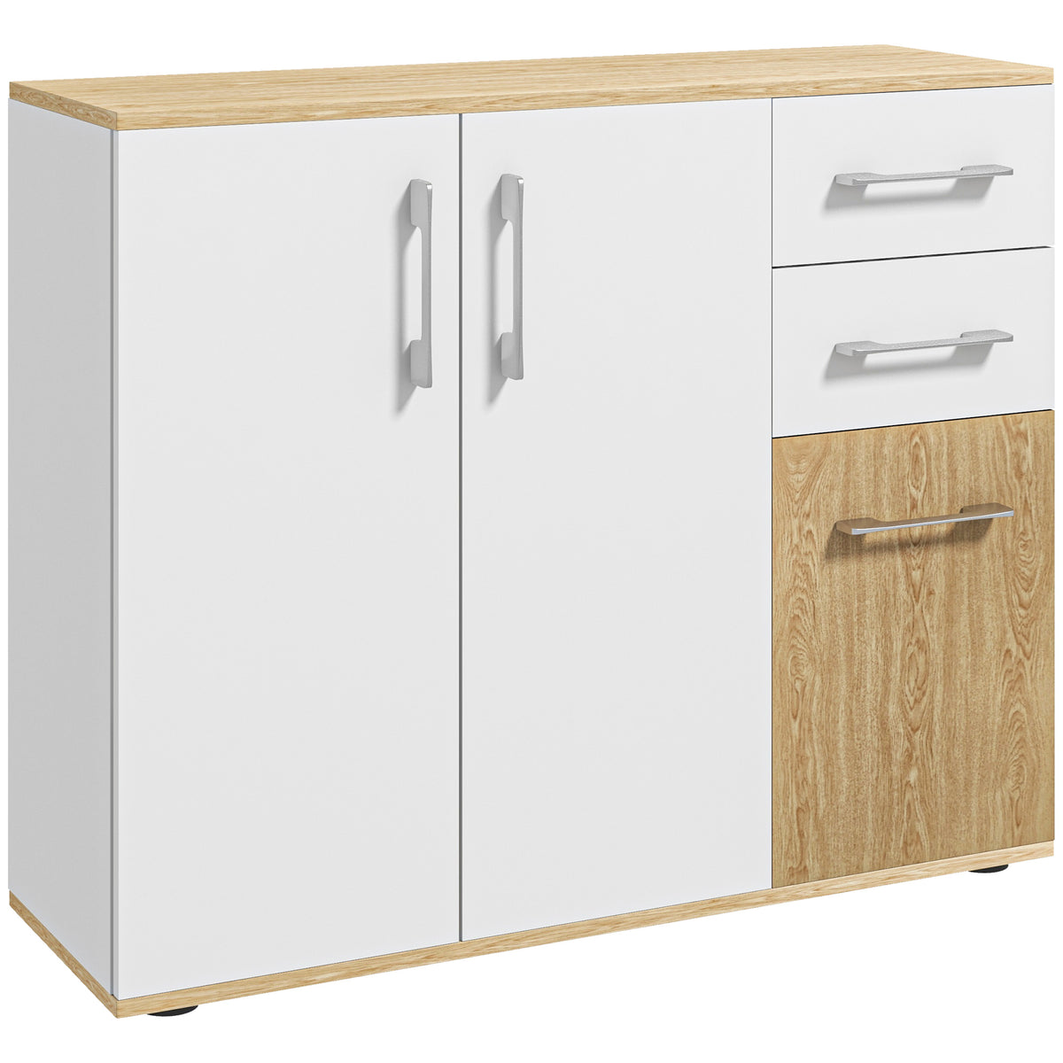 Buffet, meuble de rangement avec 3 portes, 2 tiroirs et étagère réglable, 90 x 30 x 75,5 cm, blanc et bois naturel-0