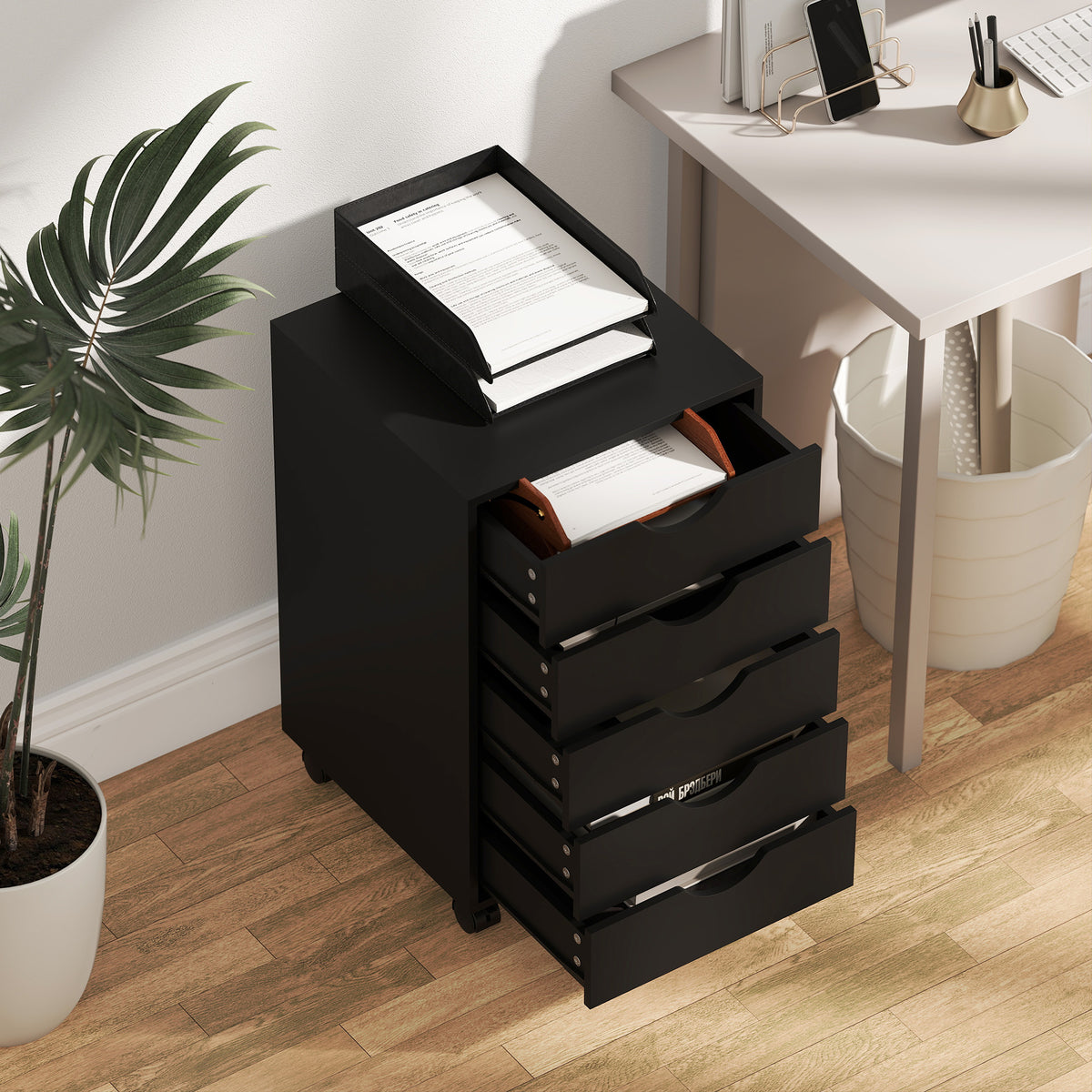 Caisson bureau mobile, meuble rangement bureau sur roulettes, 5 tiroirs, 40 x 40 x 67 cm, noir-8