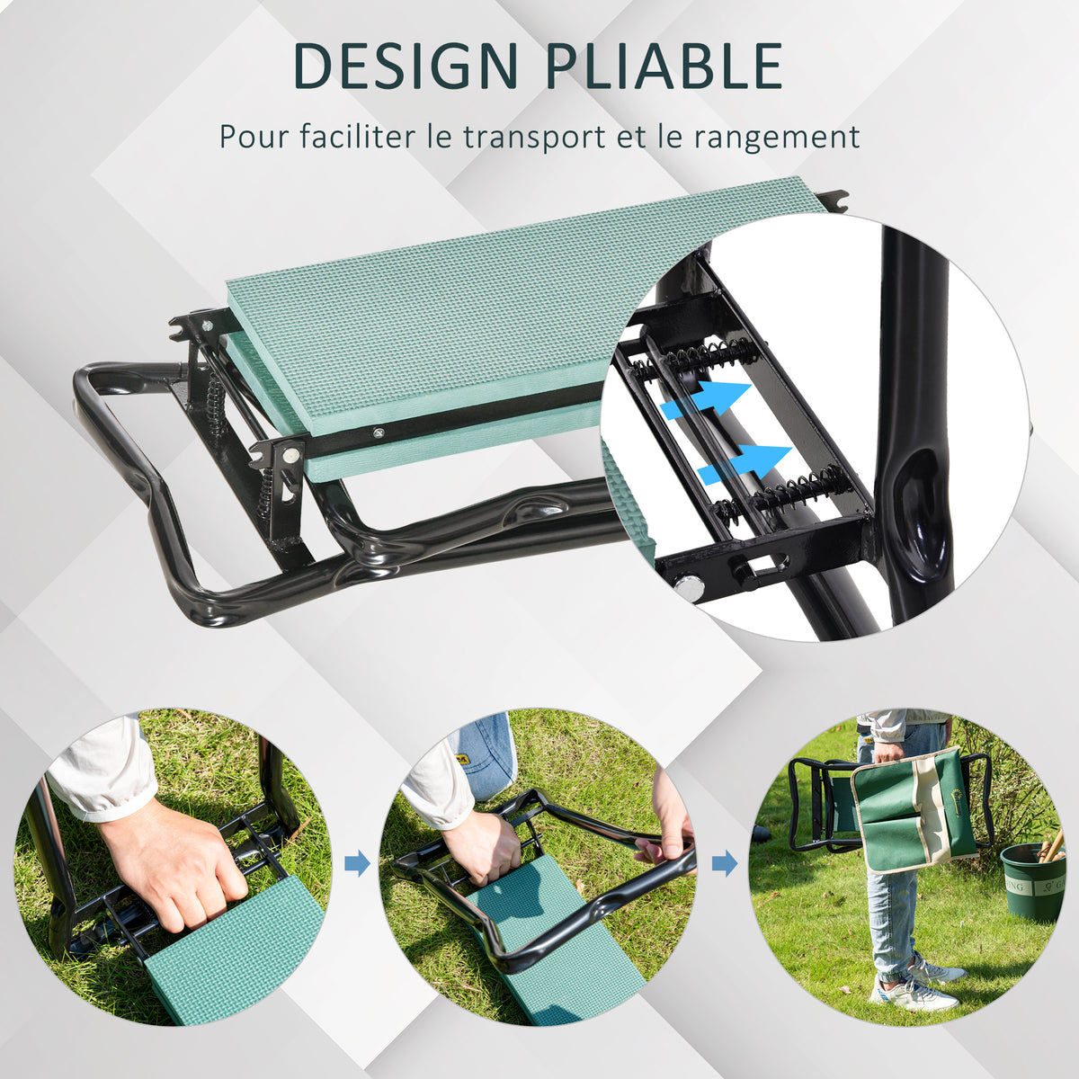 Tabouret de Jardin Pliable agenouilloir de Jardin siège Jardinage avec Coussin Pochette Rangement Outils Vert-4