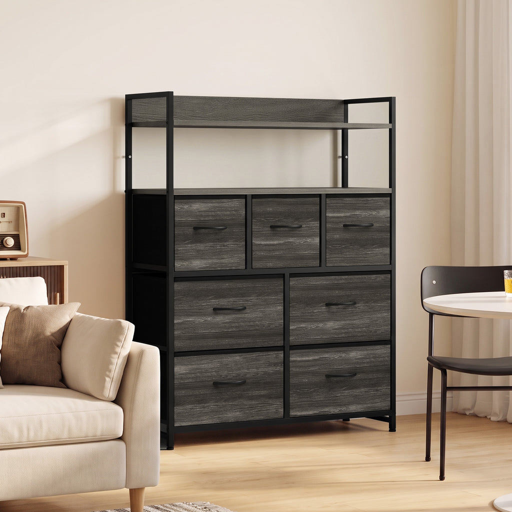 Meuble de rangement commode 7 tiroirs en tissu pliables et amovibles étagères ouvertes, gris-1