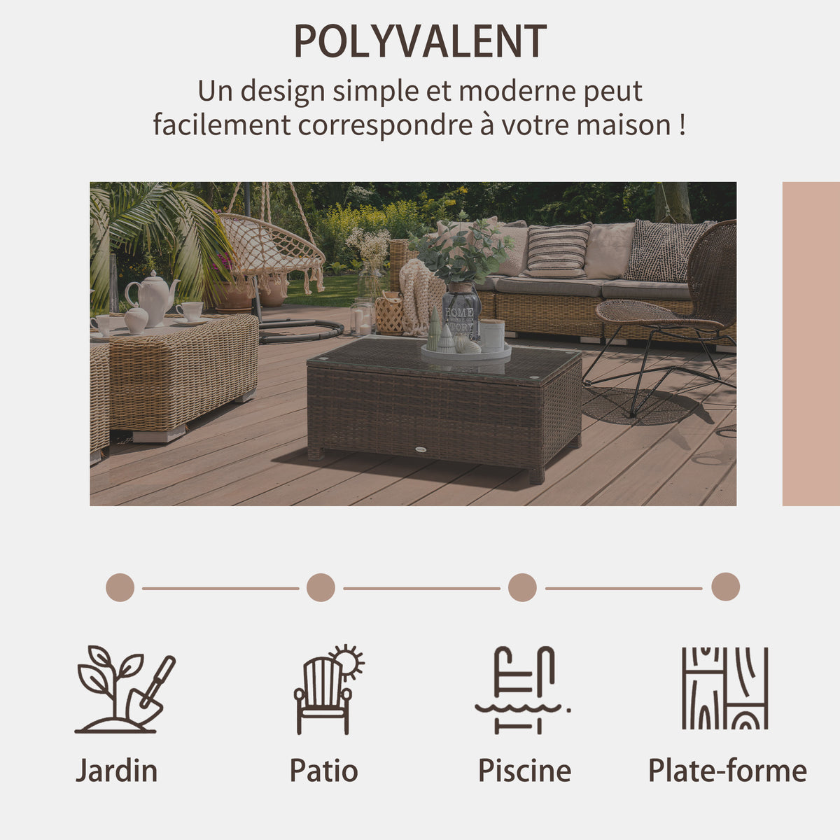 Table Basse de Jardin Plateau Verre trempé 5 mm rotin tressé 85 x 50 x 39cm Max. 50 kg Marron-5
