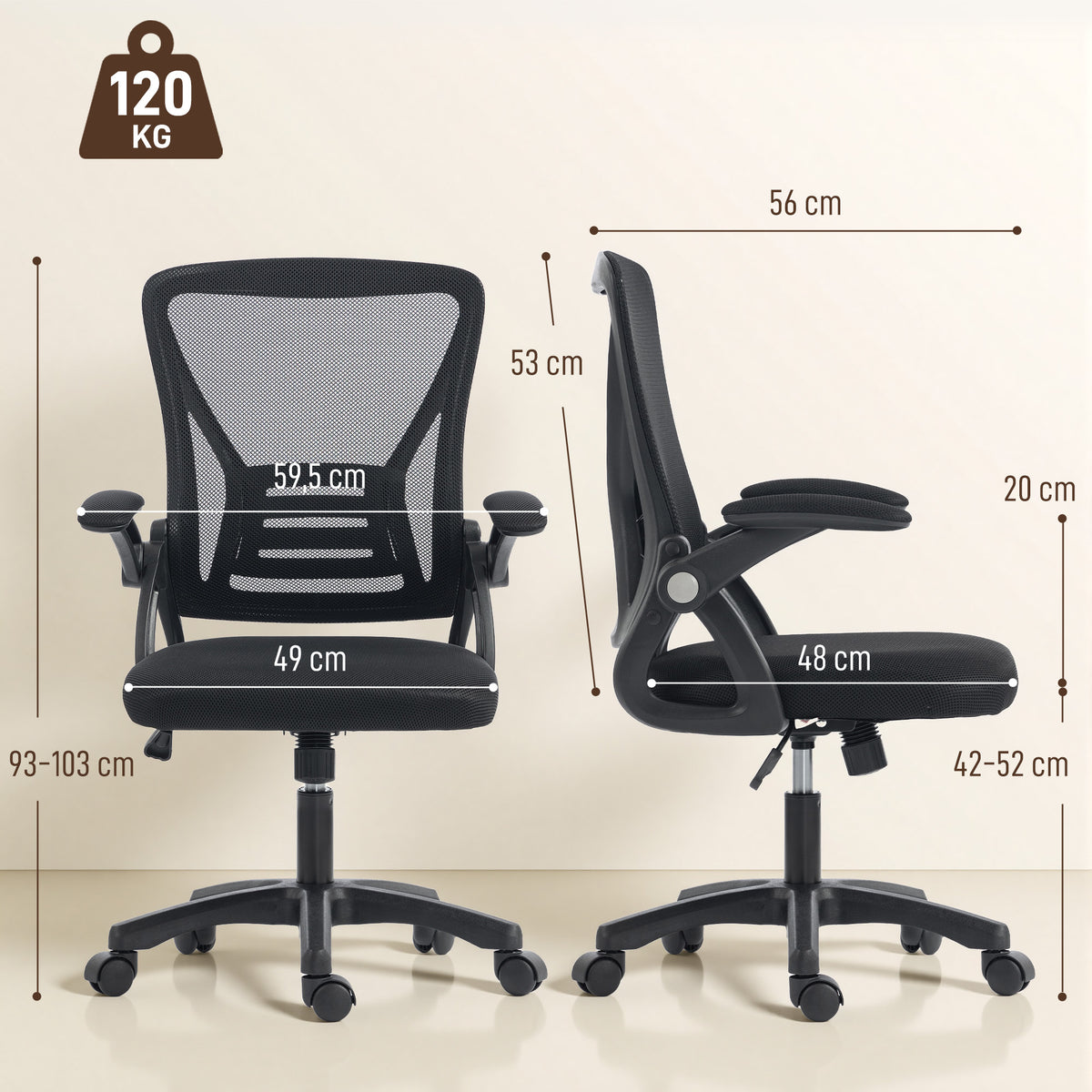 Chaise bureau ergonomique, fauteuil de bureau en maille, accoudoirs relevables, hauteur réglable, 59,5x56x103cm, noir-2