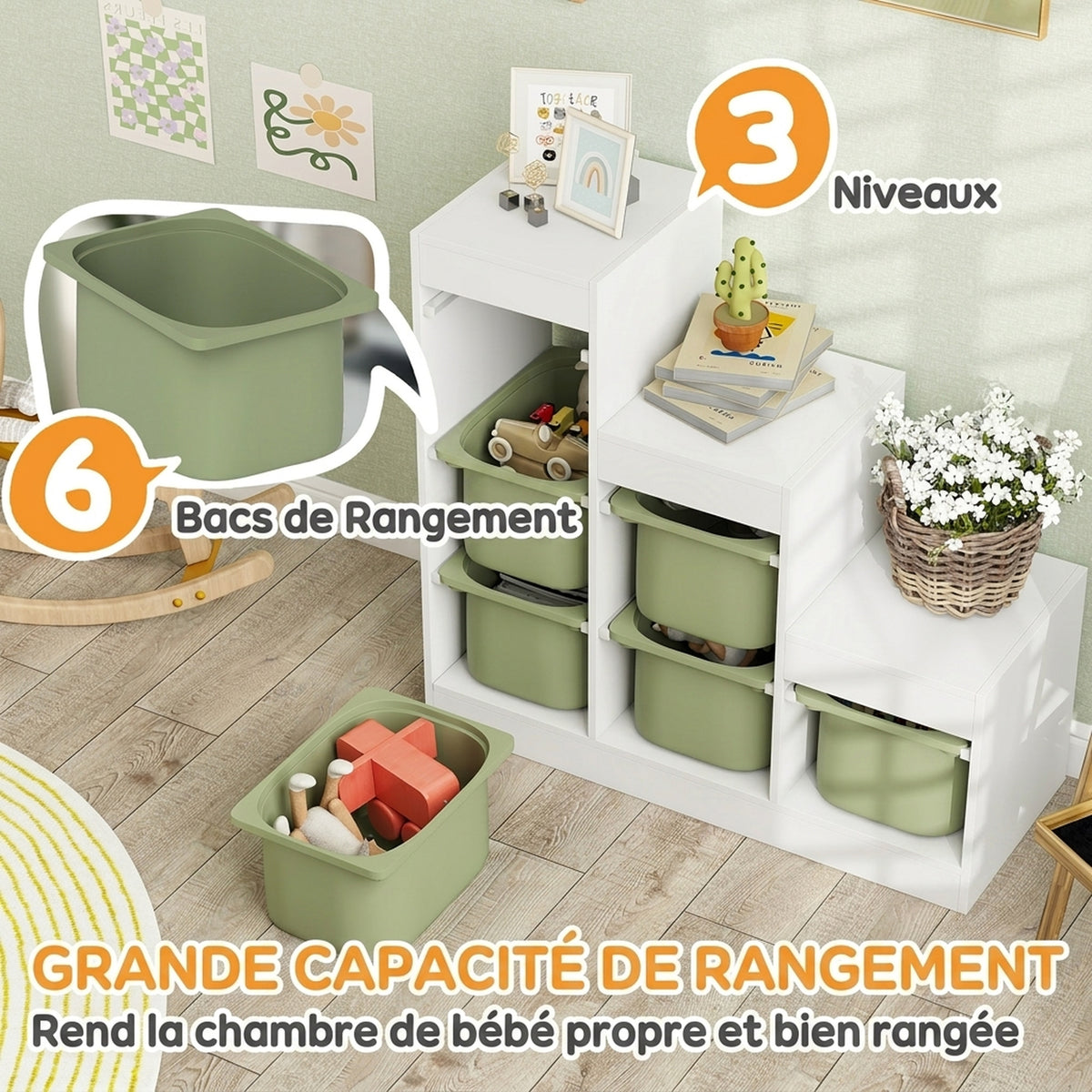 Meuble de rangement pour jouets des enfants avec 6 bacs amovibles, 3 niveaux de rangement, 96 x 38,5 x 90, vert-3
