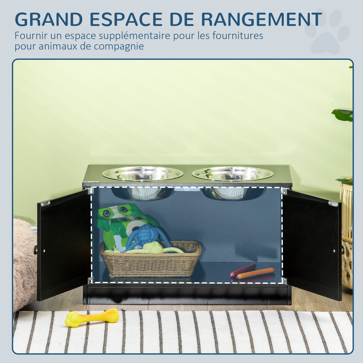 Gamelles chiens surélevées gamelle double chien chat porte-gamelles 60 x 30 x 35,5 cm 2 gamelles 2L acier inox incluses-4