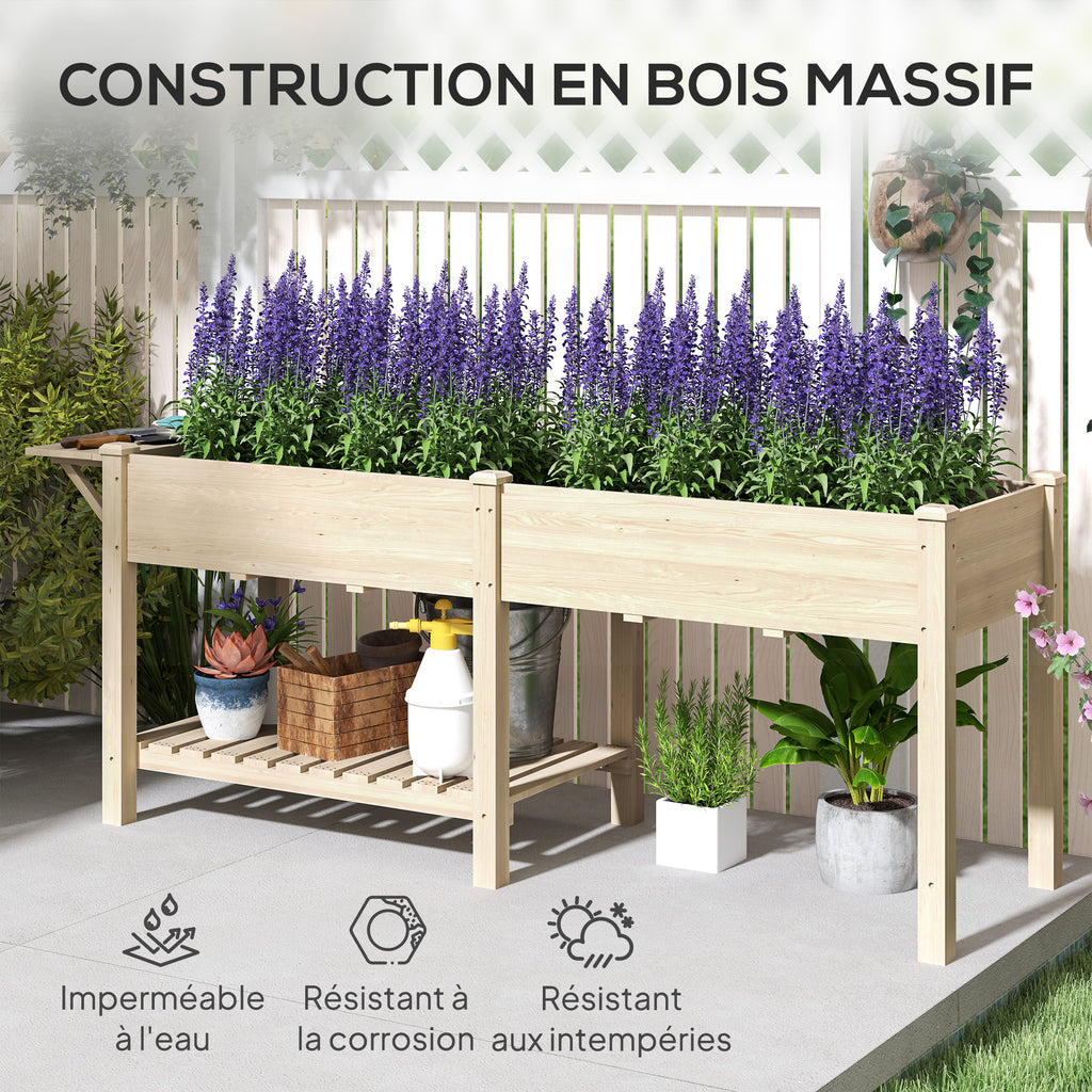 Jardinière sur pieds carré potager de jardin sur pieds 2 bacs tablette étagère inférieure 207 x 59 x 78 cm bois naturel-7