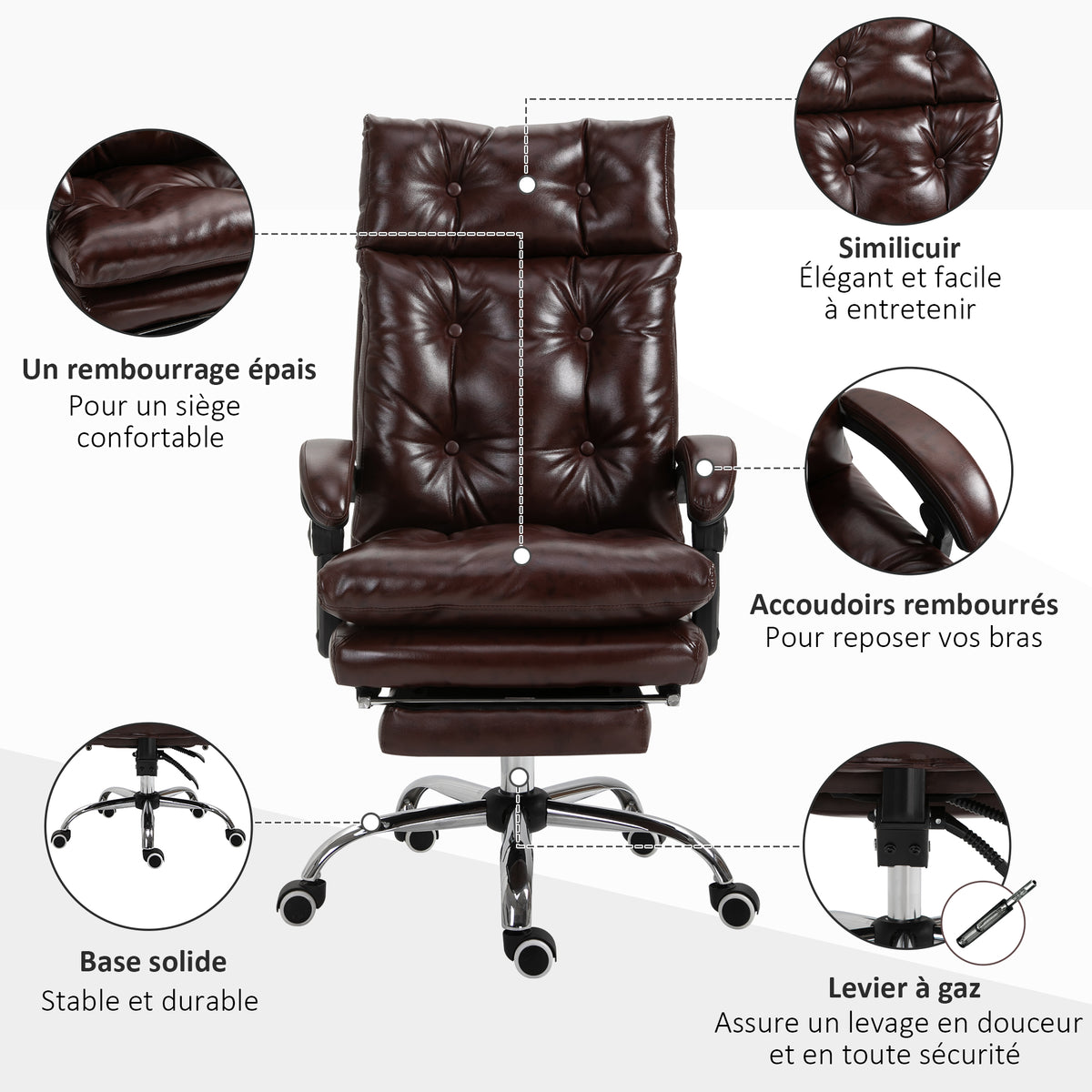 Fauteuil de bureau chaise de bureau ergonomique avec hauteur réglable dossier inclinable repose-pied rétractable marron-6