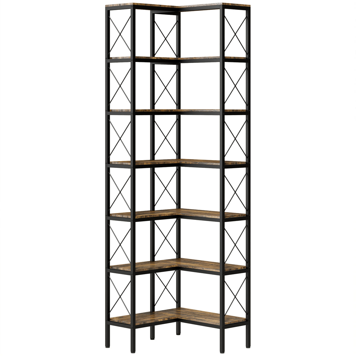 Bibliothèque d'angle à 6 niveaux, meuble de rangement en métal pour salon, chambre, bureau, 60x60x200cm, brun rustique-0